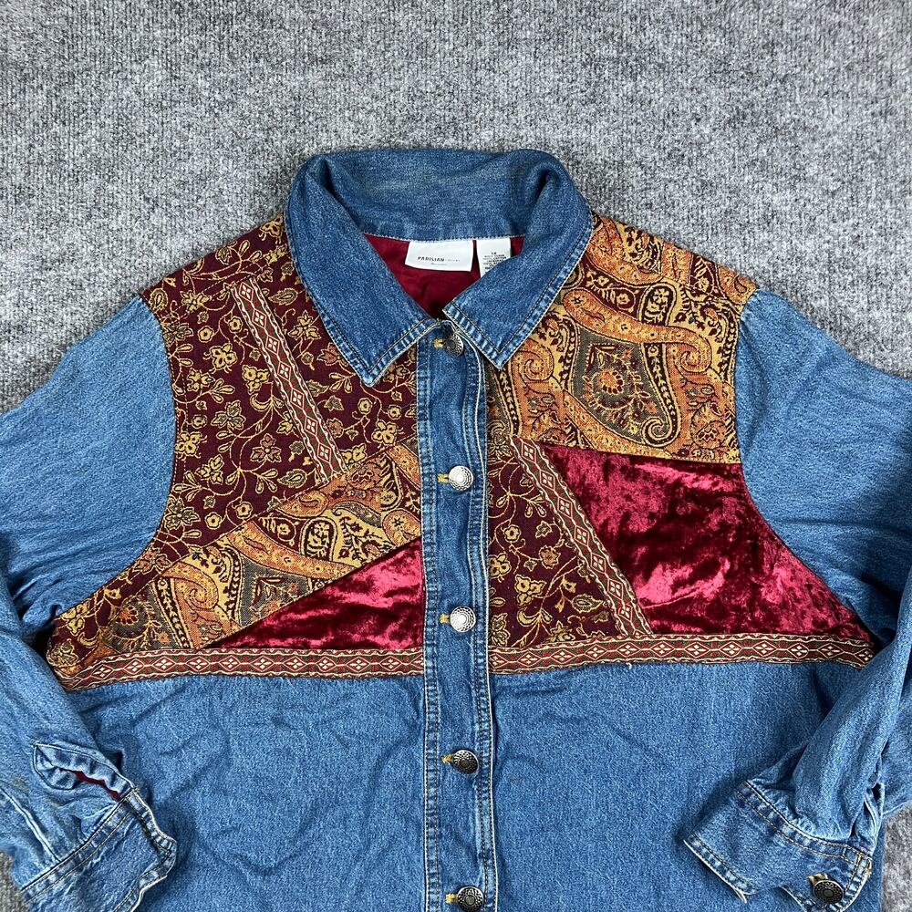 Parisian Works Jacket‎ Womens 1X Denim Velvet Paisley Patchwork Boho Button Up